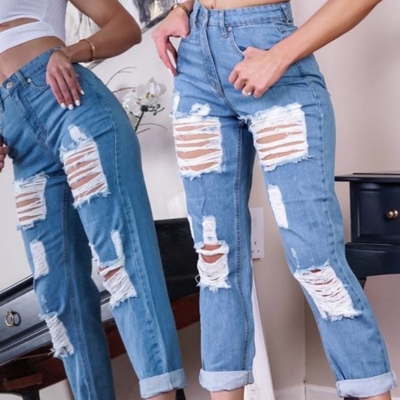 High Waist Ripped Distressed Boyfriend Jeans Denim - Picture 3 of 7